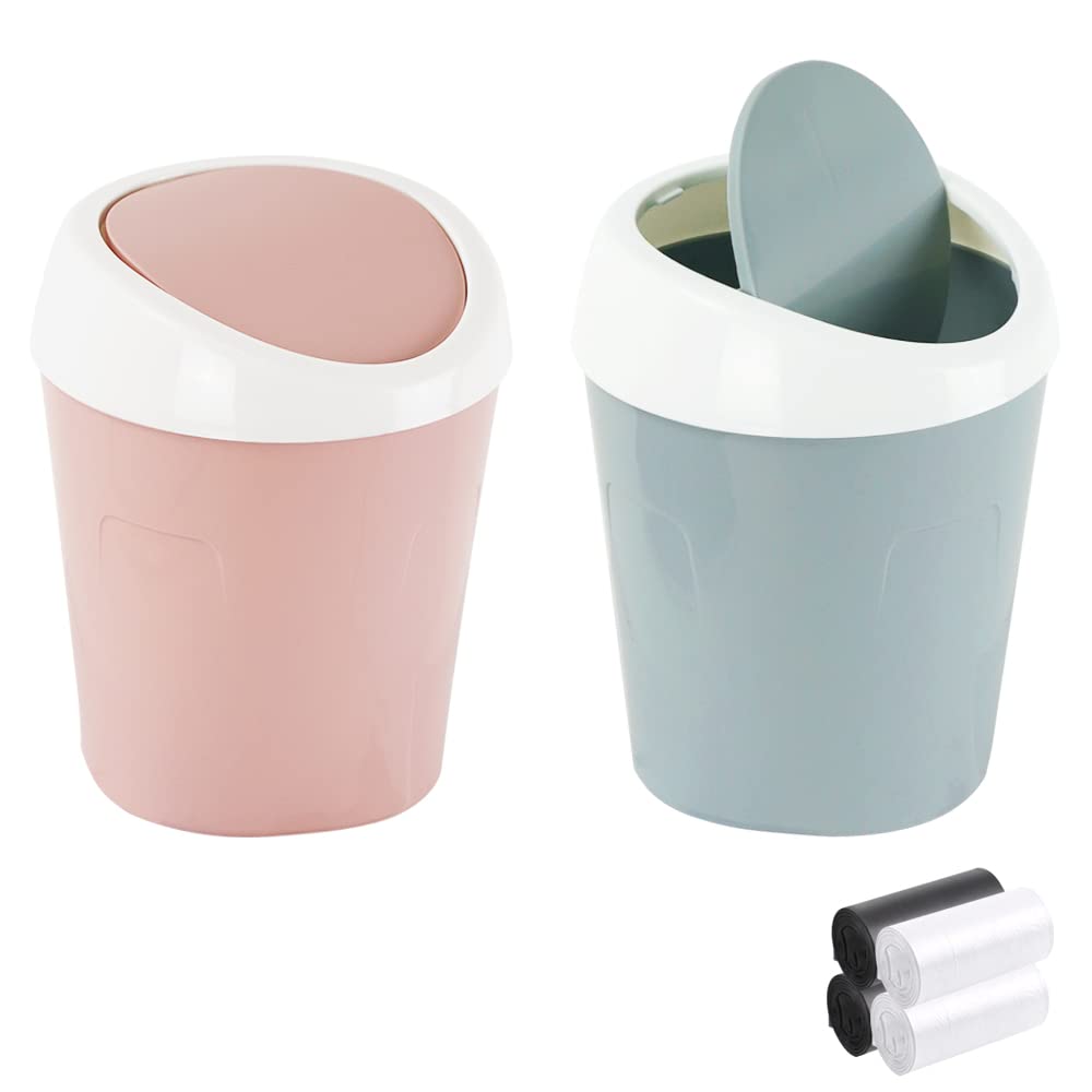 [Australia - AusPower] - SITAKE 2 Pcs Plastic Mini Wastebasket Trash Can with 4 Rolls of Trash Bags, Tiny Desktop Waste Garbage Bin with Swing Lid for Home, Office, Kitchen, Vanity Tabletop, Bedroom, Bathroom (Blue + Pink) Blue + Pink 