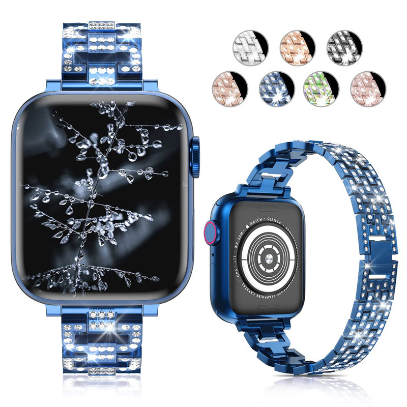 [Australia - AusPower] - Siboloo for Apple Watch Band 45mm 44mm 42mm 41mm 40mm 38mm Series 7 Series 6 5 4 3 2 1 SE, Diamond Rhinestone Stainless Steel iWatch Band, Bling Replacement Bracelet Metal Wristband Strap Blue 45mm/44mm/42 mm 