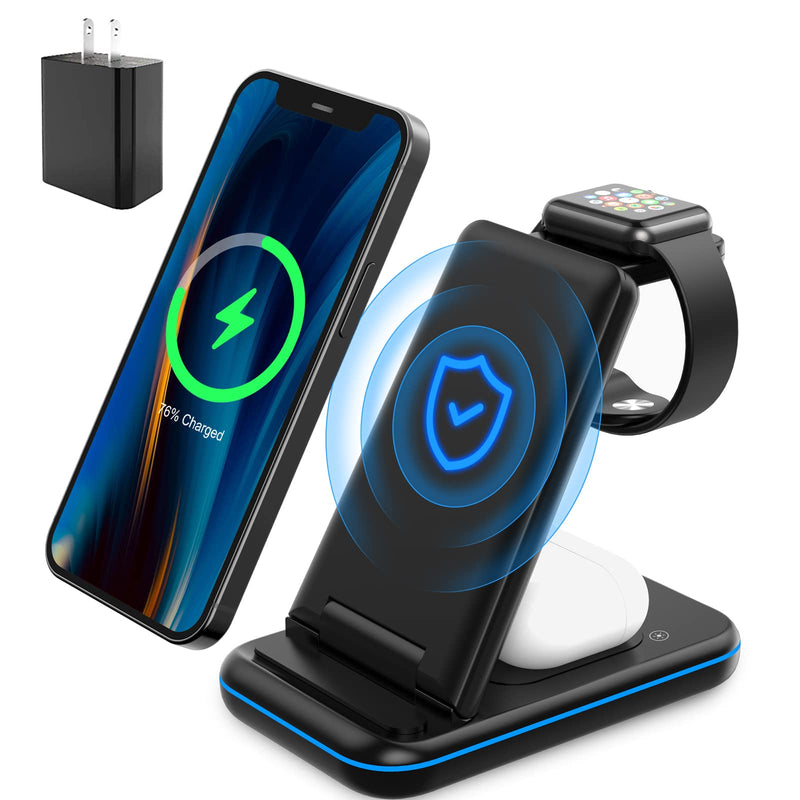 [Australia - AusPower] - Wireless Charger for Multiple Apple Devices, 3 in 1 Charging Station Dock for Apple iPhone 13 pro max/se/12/11/X/XS/XR/8, Charging Stand for Apple Watch 7/6/5/4/3/2/SE Black 