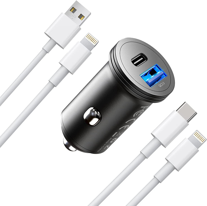 [Australia - AusPower] - USB Car Charger for iPhone 13 12, USB C Car Charger Adapter, 43W Dual Port 25W USB-C & 18W USB-A iPhone Car Charger with 2 Pack 3FT USB-C to Lightning & USB-A to Lightning Cable for iPhone Black+L-Cables 