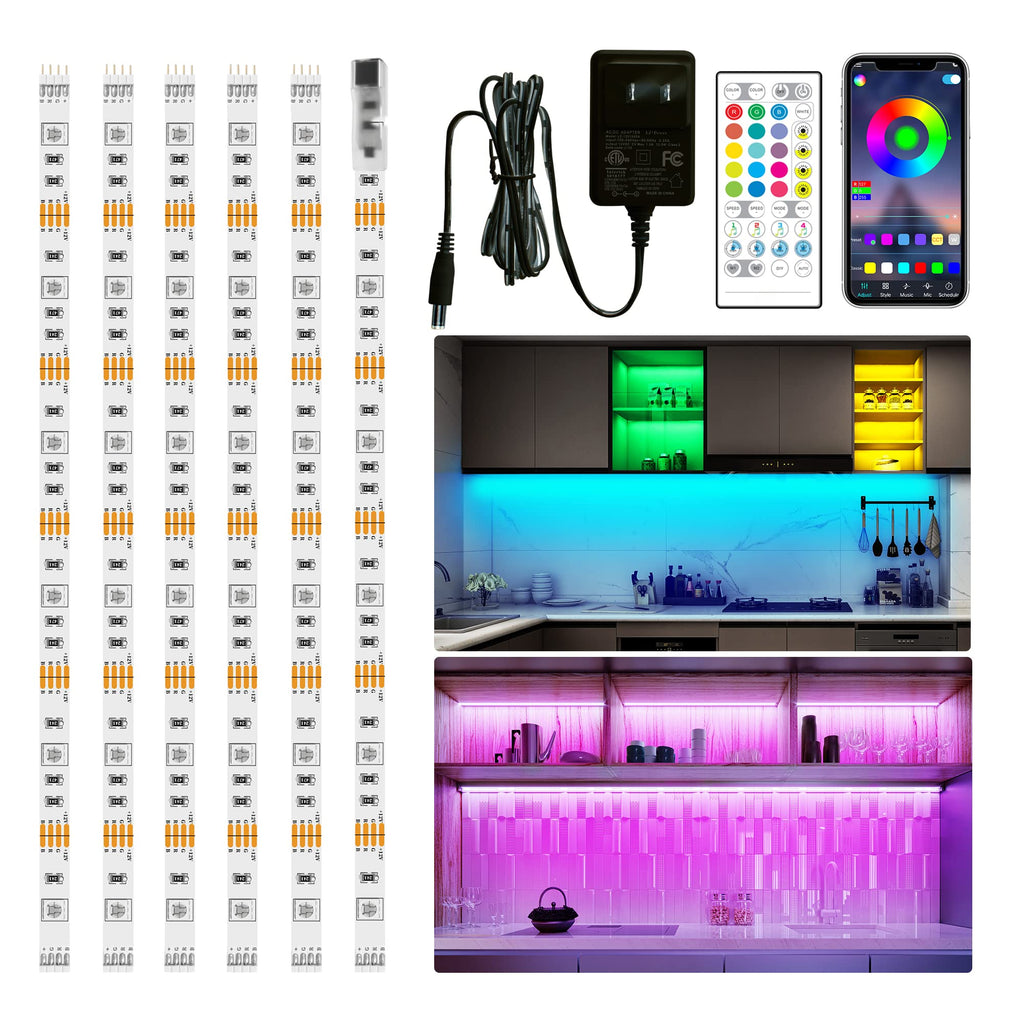 [Australia - AusPower] - 6 PCS RGB Under Cabinet Lighting Kit, App and Remote Control Led Strip Lights, Music Sync Color Changing Led Lights with ETL Listed Power Adapter, for Cabinet, Counter, Shelf, Bookcase, Display, 9.8ft 