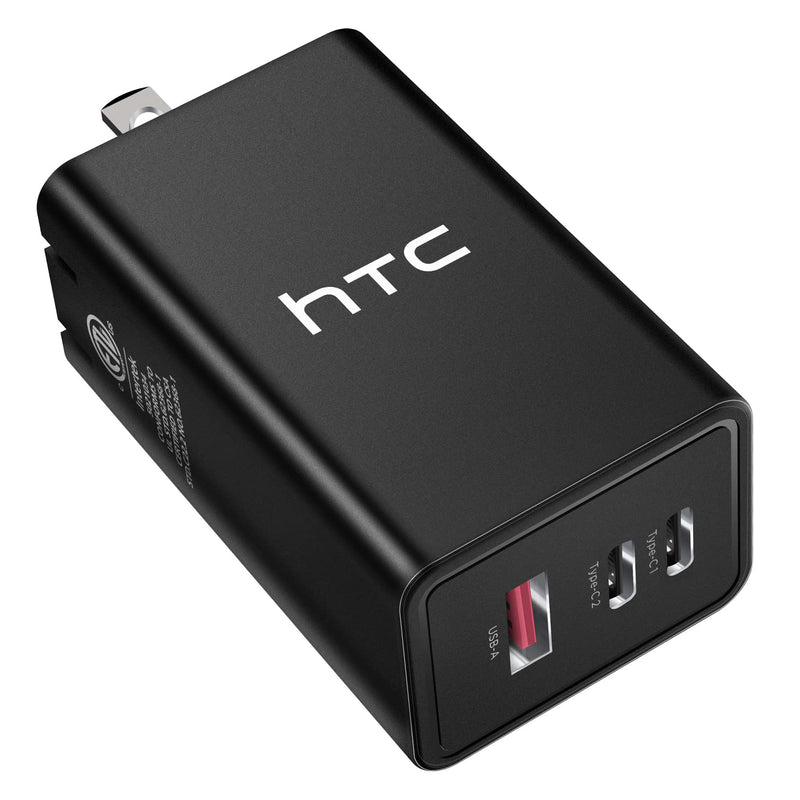[Australia - AusPower] - HTC USB-C Charger 65W, GaN Fast Charger with 3 Ports, Max Output Power 65W for Each Port, Compact Foldable USB-C Wall Charger for MacBook, USB-C Laptops, iPad, iPhone, Galaxy, and More - Black 