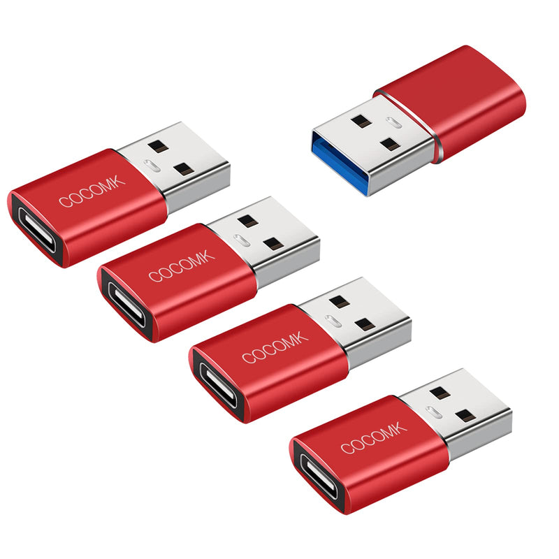 [Australia - AusPower] - USB C to USB Adapter 5-Pack, USB C Female to USB Male Adapter, Type A Charger Cable Adapter (Red) Red 