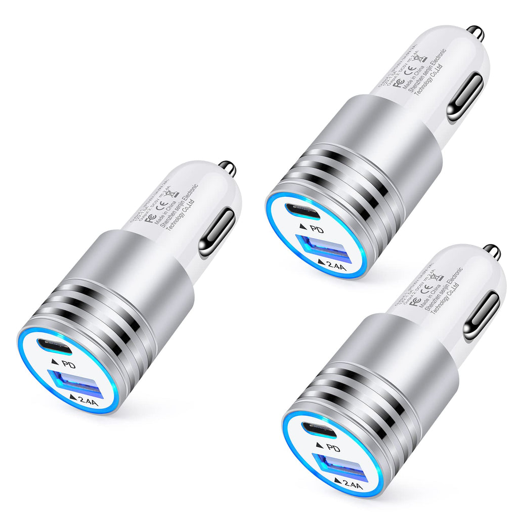 [Australia - AusPower] - iPhone Car Charger USB C, 3Pack 30W PD & 2.4A 2-Port Fast Charge USB C Car Charging Adapter for iPhone 13/13 Pro Max/13 Mini/12 11 Pro Max/SE/XR/XS,Samsung Galaxy S22 S21 S20 A13 A03S A12 A32 A42 A11 Silver 