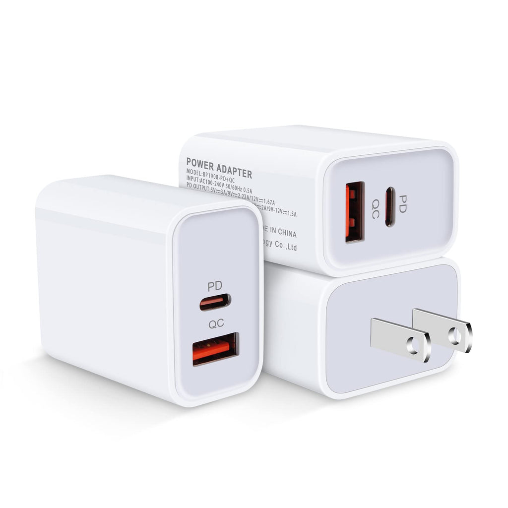 [Australia - AusPower] - USB C Charger Block Fast Charge, 3Pack 20W PD & QC 3.0 Dual Port Type C Wall Charger Adapter Plug for iPhone 13/13 Mini/13 Pro Max/12 11 Pro Max/SE/XR/XS,Samsung S22 S21 S20 A13 A12 A32,Pixel 6 5 4a White 