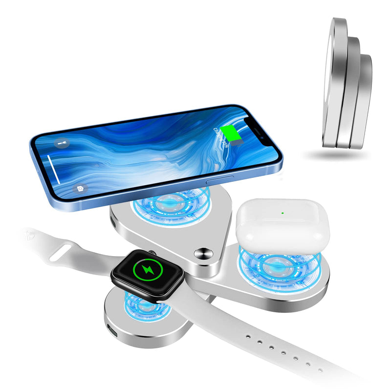 [Australia - AusPower] - 3 in 1 Detachable Magnetic Wireless Charger, 15W Fast Wireless Charging Station for iPhone 13/12, Foldable Wireless Charger Stand Compatible with iWatch SE/6/5/4/3/2 and Airpods Pro/2(Sliver) sliver 