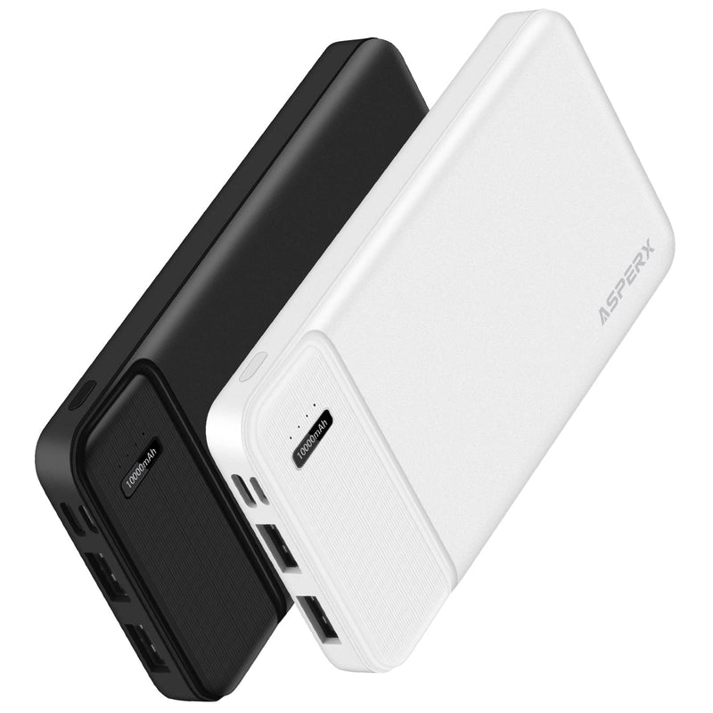 [Australia - AusPower] - 2-Pack 10000mAh Dual USB Portable Charger, AsperX Power Bank Battery Pack with USB C Input, Portable Phone Charger Compatible with iPhone, Android Smartphones and More Black+White 