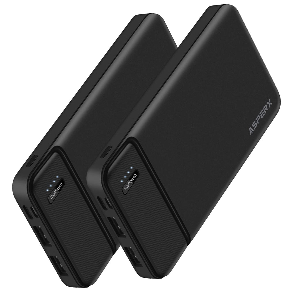 [Australia - AusPower] - 2-Pack 10000mAh Dual USB Portable Charger, AsperX Power Bank Battery Pack with USB C Input, Portable Phone Charger Compatible with iPhone, Android Smartphones and More Black+Black 
