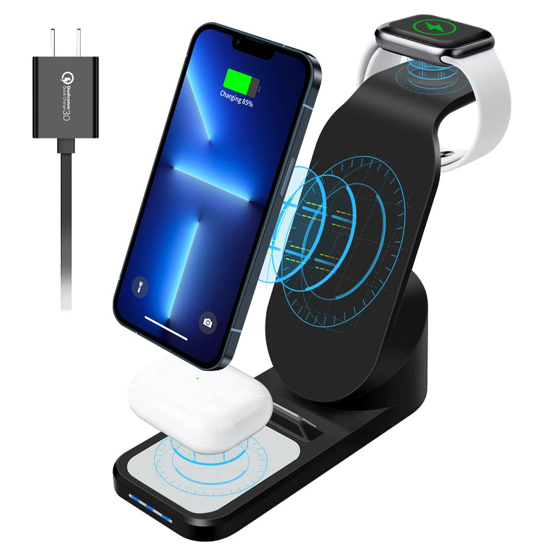 [Australia - AusPower] - Foldable Wireless Charger, 3 in 1 Fast Wireless Charging Station for iPhone 13/12/11/11/Pro/Pro Max/XR/X/Xs/8/Galaxy S10/S10+, Wireless Charger Stand for AirPods, iWatch(with 18W Adapter, Black) 