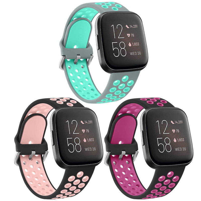 [Australia - AusPower] - 3 Pack Silicone Bands Compatible with Fitbit Versa 2 / Fitbit Versa/Versa Lite/Versa SE, Soft Breathable Sport Replacement Wristbands for Fitbit Versa Smart Watch Women Men (Small, Pack F) Gray/Teal+Black/Pink+Black/Rose Purple Small 