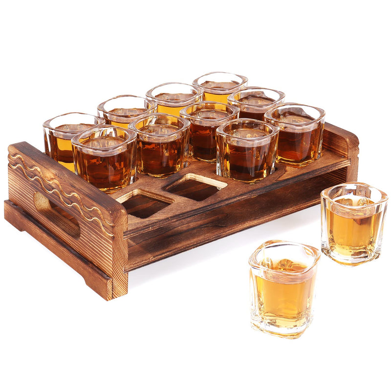 [Australia - AusPower] - Shot Glass Holder Set with 12 Clear Shot Glasses, Vivimee 2.3 oz Square Shot Glasses Set with Rustic Burnt Wood Serving Tray, Crystal Shot Glass for Whiskey, Tequila, Liqueurs, Party & Collection 