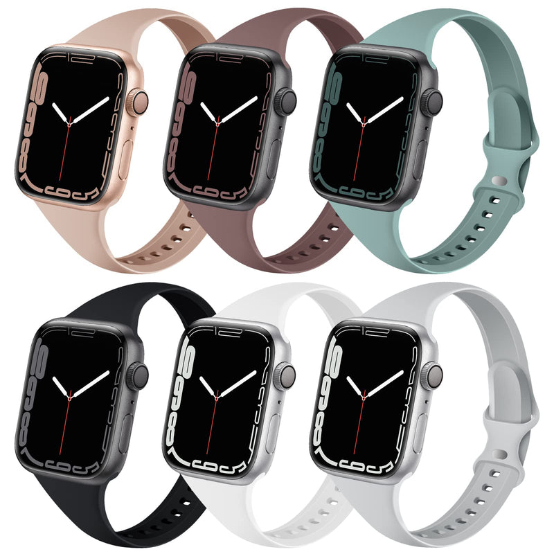 [Australia - AusPower] - 6 Pack Bands Compatible with Apple Watch 38mm 40mm 41mm, Slim Thin Narrow Replacement Silicone Sport Strap for iWatch Series SE 7/6/5/4/3/2/1, Milk Tea/Smoke Violet/Cactus/Black/White/Gray 38/40/41mm 38mm/40mm/41mm 