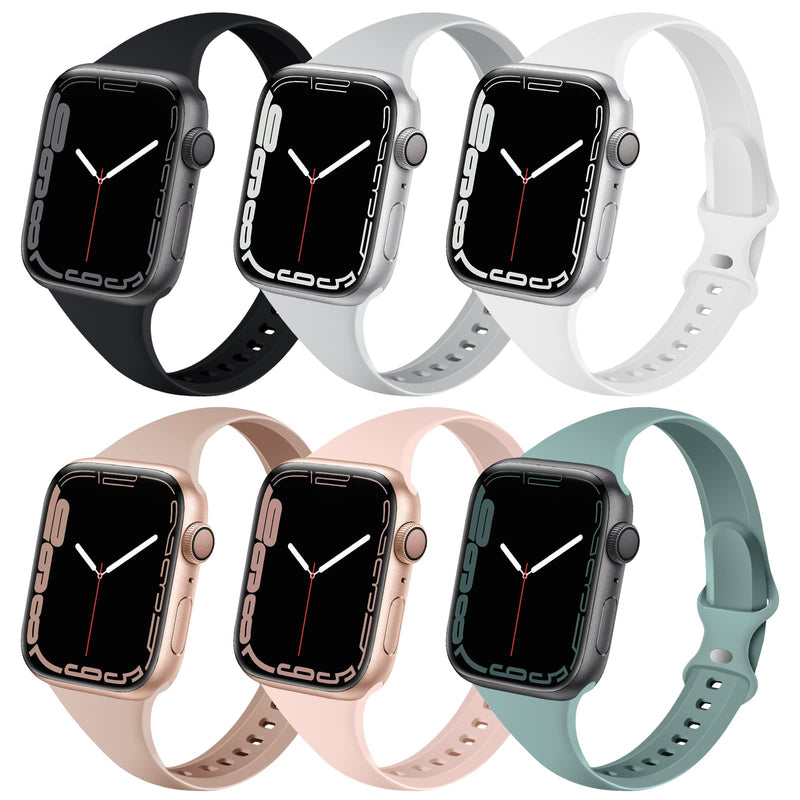[Australia - AusPower] - 6 Pack Bands Compatible with Apple Watch 38mm 40mm 41mm, Slim Thin Narrow Replacement Silicone Sport Strap for iWatch Series SE 7/6/5/4/3/2/1, Black/Gray/White/Milk Tea/Pink Sand/Cactus 38mm/40mm/41mm 