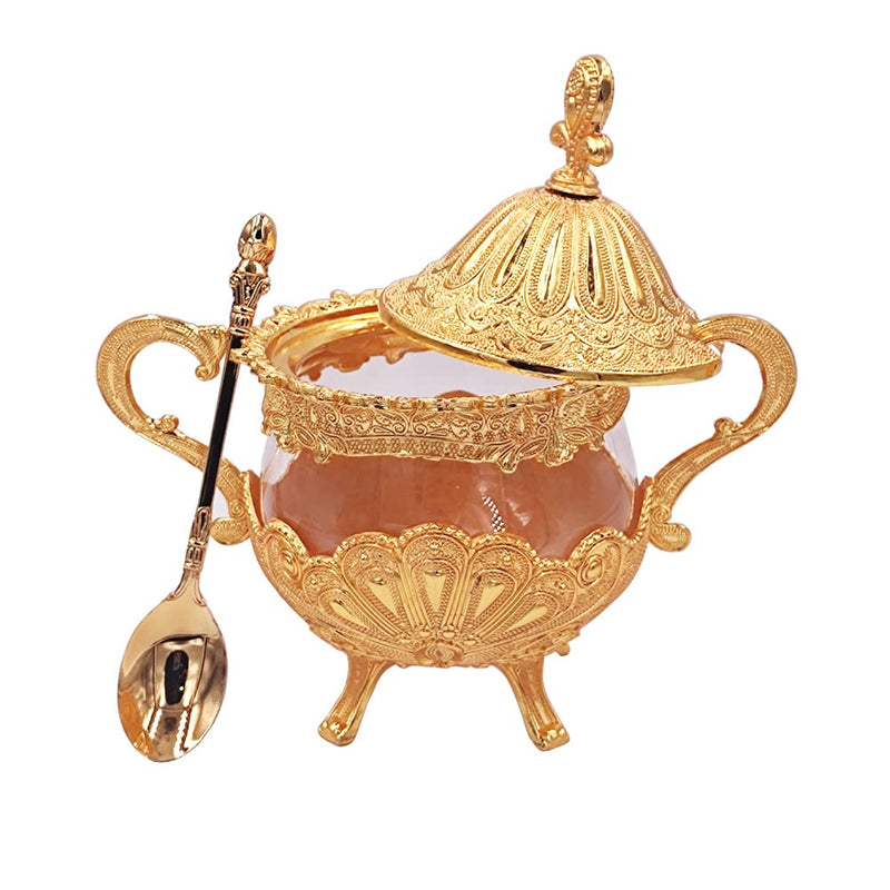 [Australia - AusPower] - Hourwof Sugar Bowl with Lid and Spoon for Kitchen Coffee Bar and Wedding Party,Metal and Glass Sugar Container for Sugar Cube and Powder Sugar,Spice Condiment Container,Salt Server,Gold Gold 