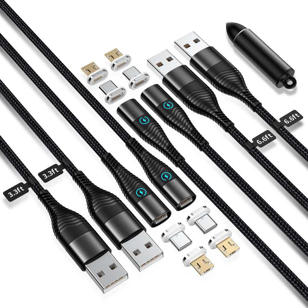 [Australia - AusPower] - 3 in 1 Magnetic Charging Cable, YKZ Multi Magnet USB Cable for Type C/MicroUSB and i-Product, Max 15W Fast Charger Cable Nylon Braided with a Tips Storage (4 Pack/12 Tips) 4pack/black/with tips box 