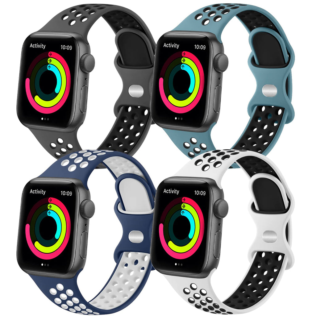 [Australia - AusPower] - 4 Pack Silicone Bands Compatible with Apple Watch Bands 45mm 44mm 42mm 41mm 40mm 38mm, Soft Breathable Replacement Strap Wristband for iWatch Series 7 6 5 4 3 2 1 SE Anthracite Black/Slate Black/Blue White/White Black 42mm/44mm/45mm 