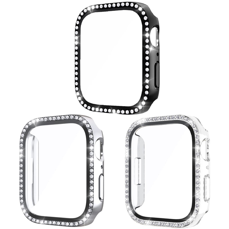 [Australia - AusPower] - 3 Pack Case Compatible with Apple Watch Series 7 41mm, Kakufunny Hard PC Bling Crystal Diamonds Protective Cover Bumper for iWatch 7 41mm, Accessories (Black+Clear+Silvery Black+Clear+Silvery 