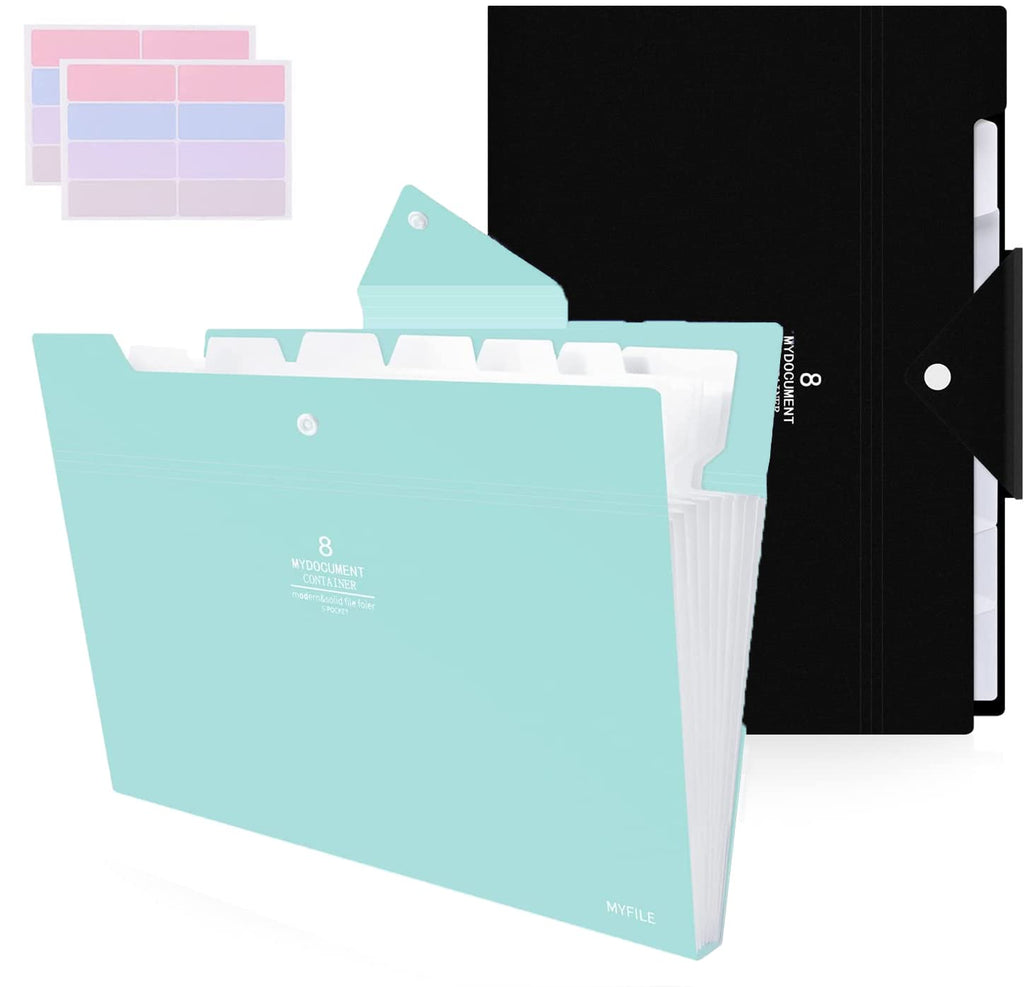[Australia - AusPower] - 2 Pack Expanding File Folders 8 Pockets Accordion File Folder Letter A4 Paper Plastic Expandable Files Folder Snap Closure Accordion Document Organizer for School Office Home (Black & Jade Green) 2pcs- Black & Blue 