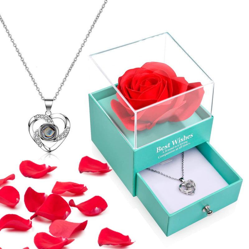 [Australia - AusPower] - Gifts for Mom Women Mothers Day Preserved Real Rose with Heart Love You 925 Sterling Silver Necklace in 100 Languages Best Birthday Gifts for Her from Daughter Son Lead-Free Stocking Stuffers Red Gold 