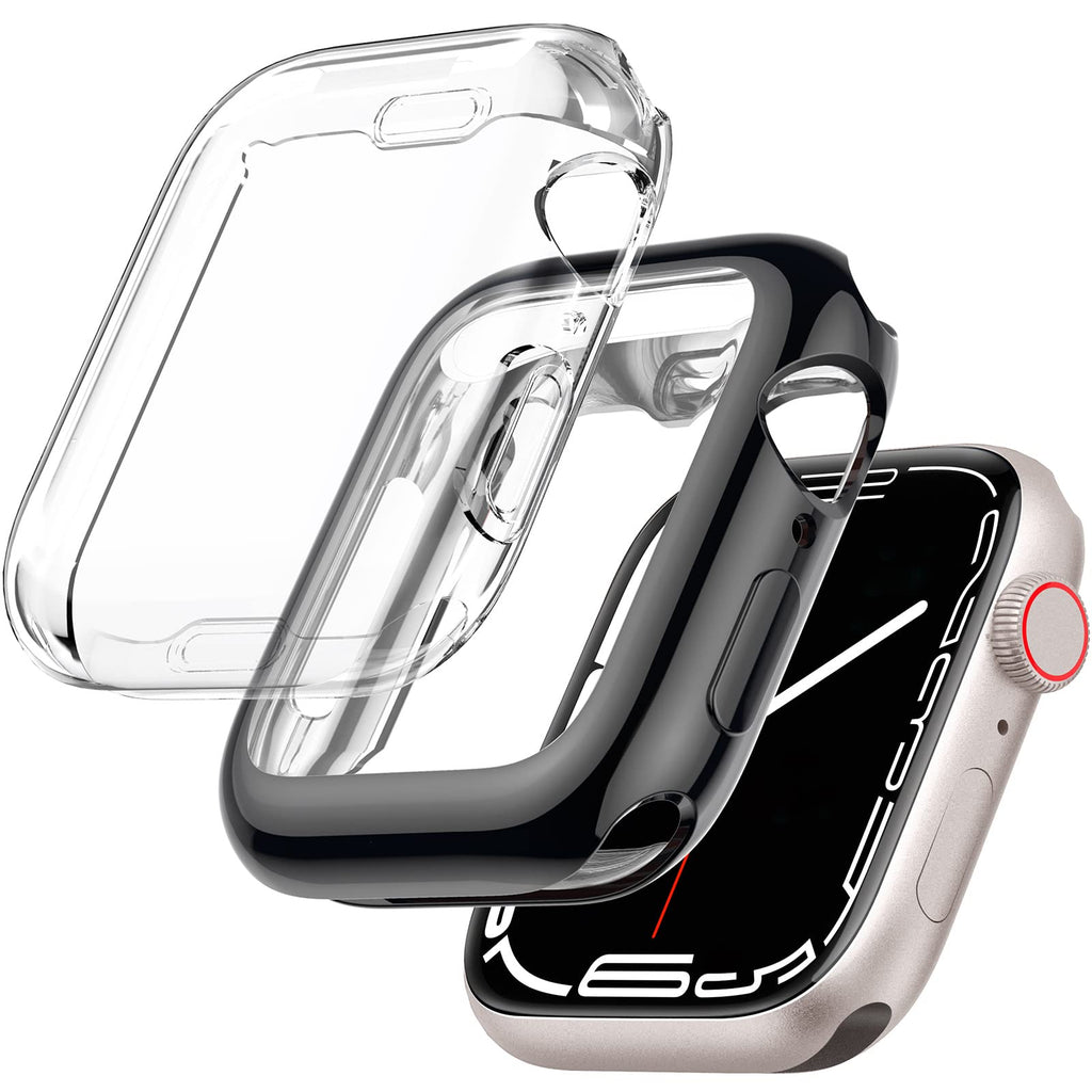 [Australia - AusPower] - EZCO 2-Pack Screen Protector Case Compatible with Apple Watch Series 7 41mm / 45mm, Soft TPU Full Coverage Protective Cover Bumper Compatible with iwatch 7 Smart Watch for Women Man Clear/Black 