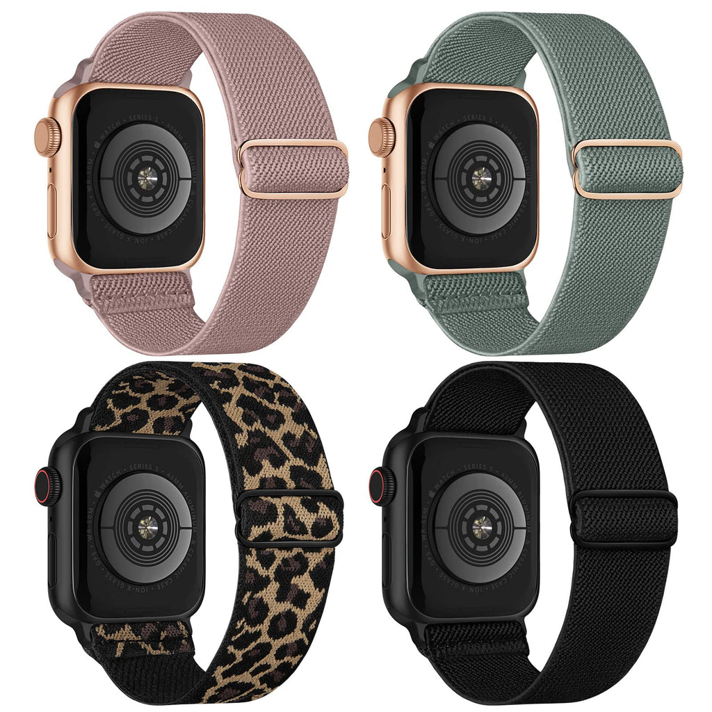 [Australia - AusPower] - Stretchy Nylon Solo Loop Bands Compatible with Apple Watch 38mm 40mm 41mm 42mm 44mm 45mm, Adjustable Braided Sport Elastic Wristbands Women Men Straps for iWatch Series 7/6/5/4/3/2/1/SE, 4 Packs Black/Cactus/Leopard/Pink 38mm/40mm/41mm 