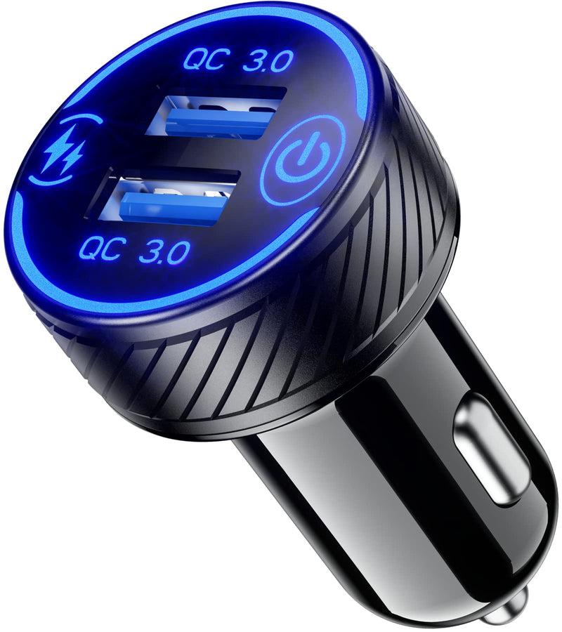 [Australia - AusPower] - BRCOVAN Car Charger, 36W 3A Fast Charge Car Charger Adapter, Dual QC3.0 Port USB Car Phone Charger with Touch Switch & Blue LED 