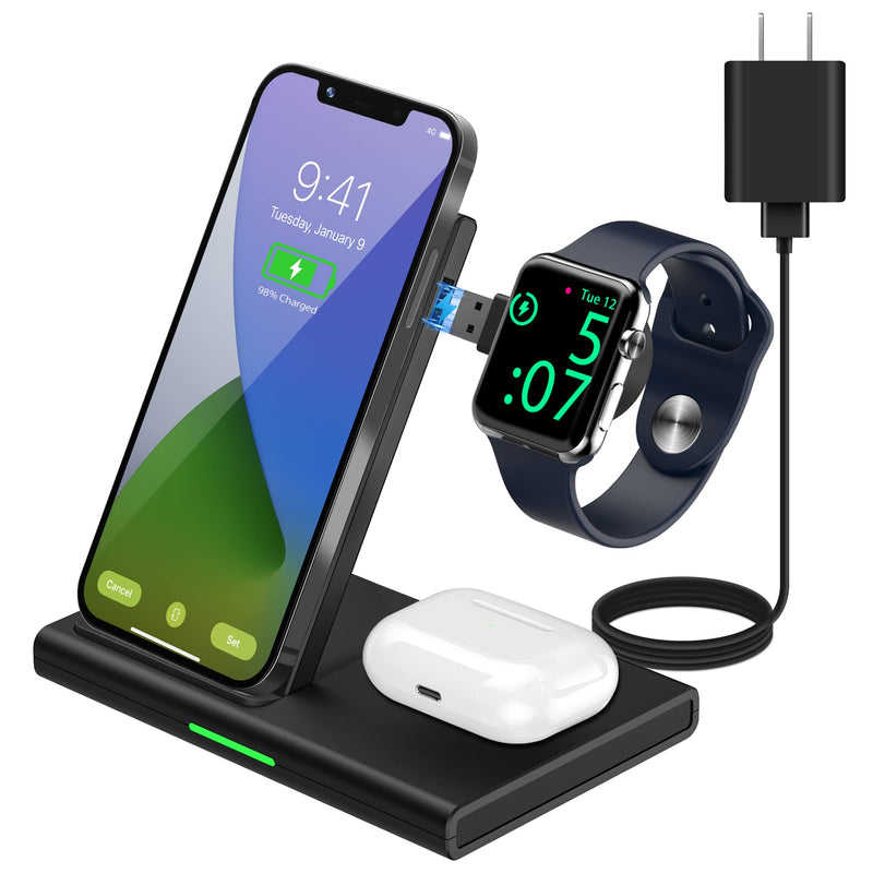 [Australia - AusPower] - 3 in 1 Wireless Charging Station DINTO Foldable Wireless Charging Stand for Apple iWatch SE Series Airpods Pro, Cell Phone Wireless Charger Charging Dock Pad for iPhone 13/12 Pro Max/11 Series/XS/XR Black 