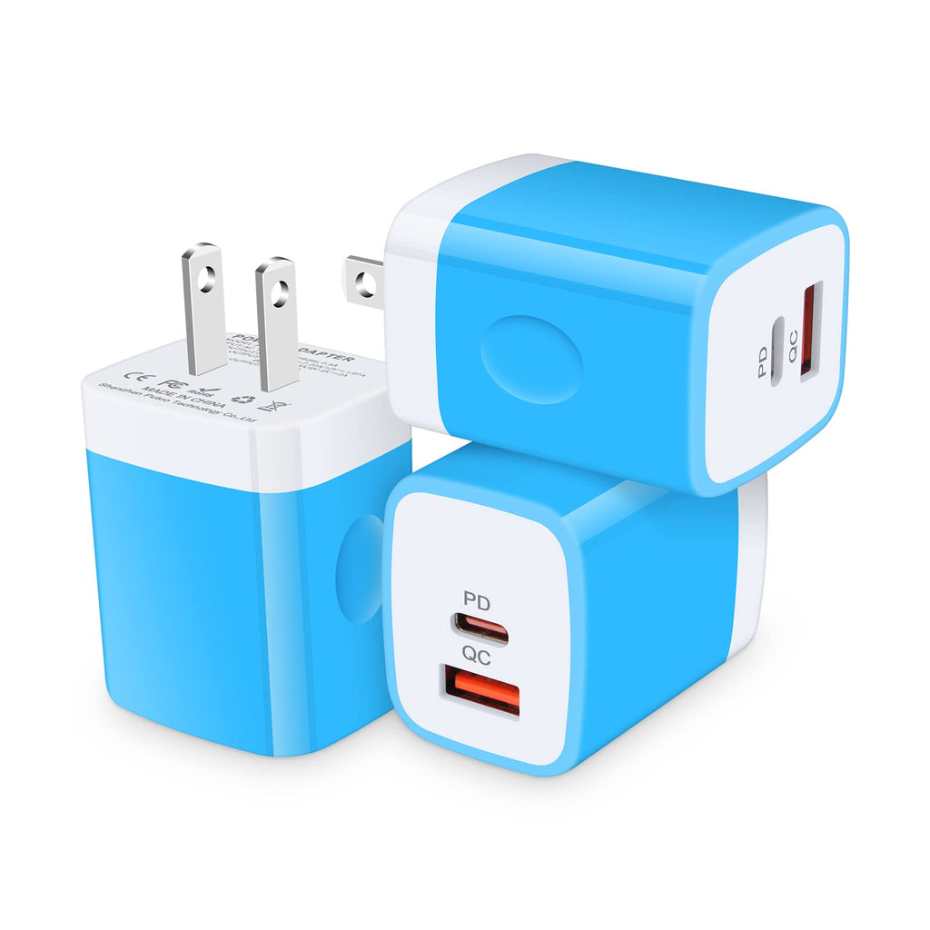 [Australia - AusPower] - 20W USB C Fast Charger, 3Pack PD+QC3.0 USBC Charger Plug Box Type C Wall Charging Block 2-Port Power Adapter Compatible iPhone 13/13 Pro/13Pro Max/13 Mini/12/iPad Pro/AirPods Pro/Galaxy S22/S21/S20 5G blue 