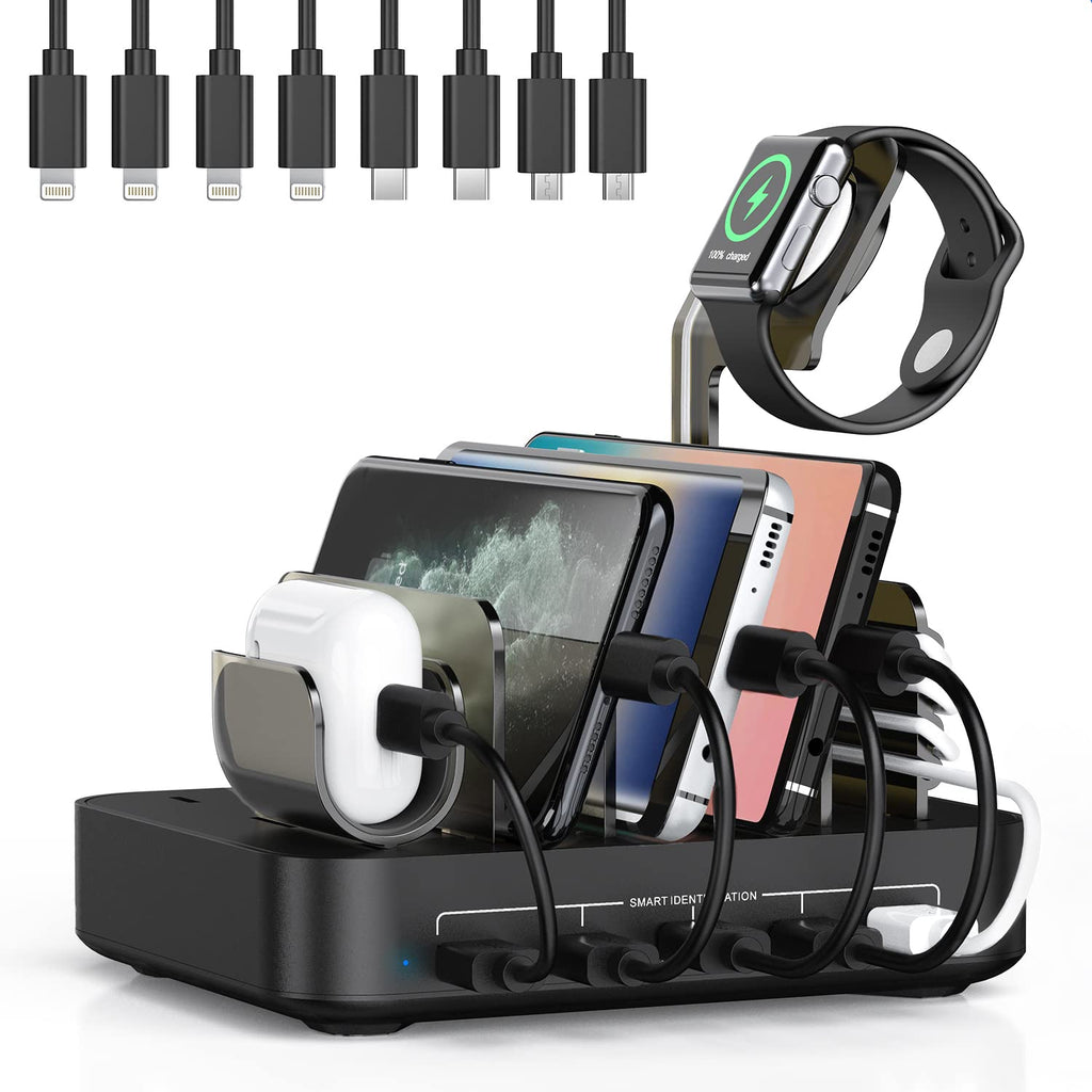 [Australia - AusPower] - Charging Station for Multiple Devices, 5 Port USB Charging Station Dock, Compatible with iWatch & Airpod Stand Compatible with iPhone, iPad, Cell Phone, Tablets (Black, 8 Mixed Short Cables Included) 
