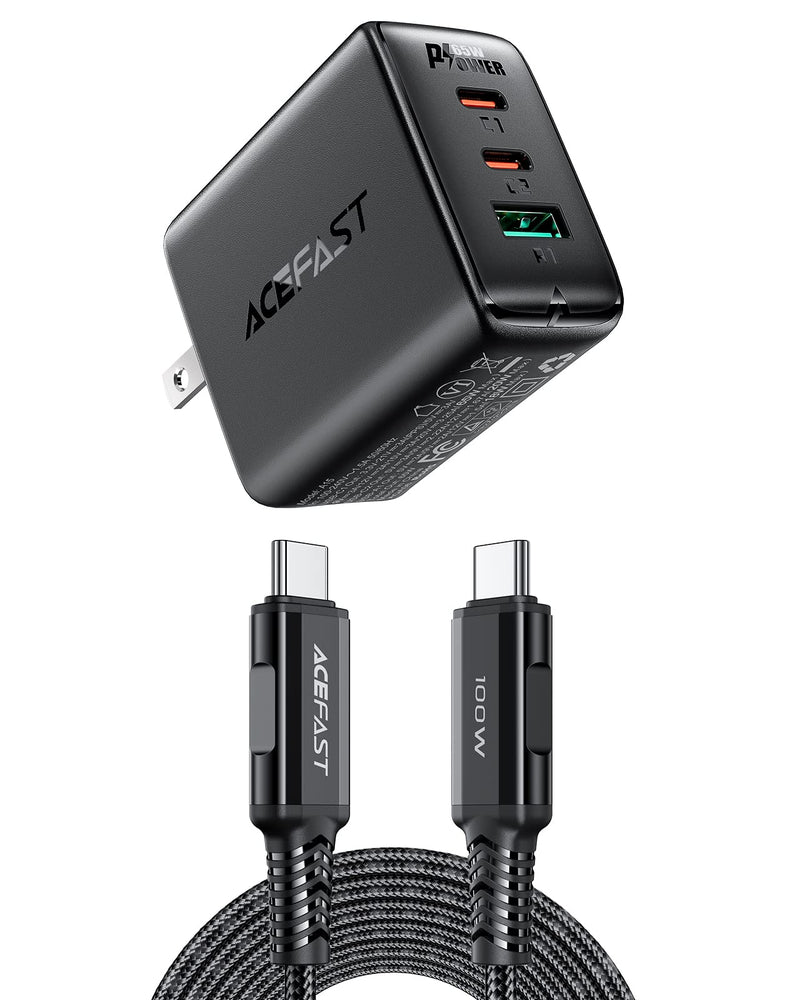 [Australia - AusPower] - ACEFAST PD65W 3 Port(Dual USB C+USB A) Fast Charger Set for USB C Laptops, Cell Phones and Tablets, Foldable AC Plug Power Adapter Compatible with MacBook, iPhone 13/iPhone 12, iPad Pro, Galaxy S21+ 