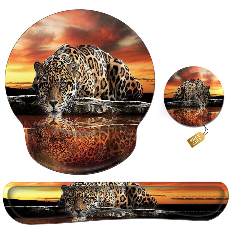 [Australia - AusPower] - Ergonomic Mouse Pad Wrist Support & Keyboard Wrist Rest Set (with Coaster), Memory Foam Gel Keyboard Moue Pads Combo for Easy Typing Pain Relief Computer Laptop Office-Leopard Drinking Leopard Drinking 