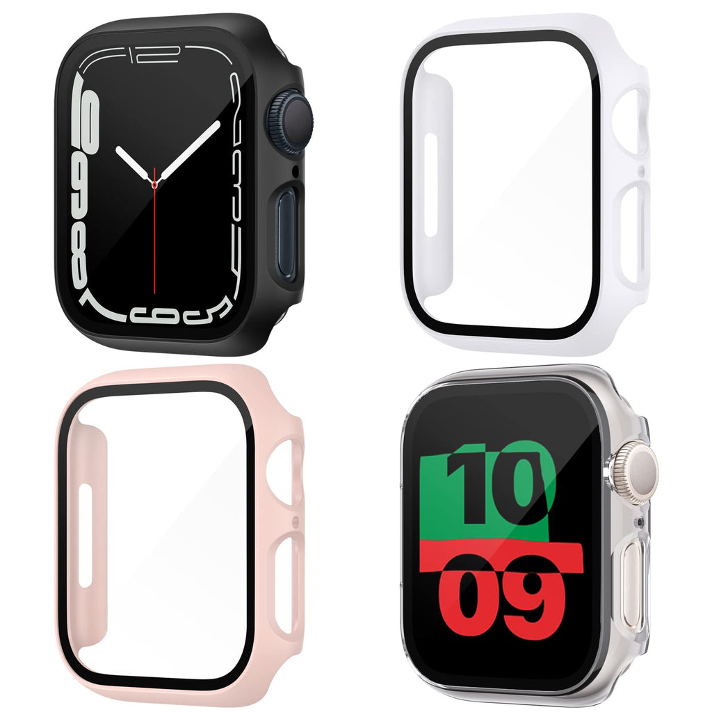 [Australia - AusPower] - NANW [4-Pack] Hard PC Case with Tempered Glass Screen Protector Compatible with Apple Watch Series 7 45mm, All Around Coverage Protective Bumpers Cover for Series 7 45mm Smartwatch Black/White/Pink/Clear 