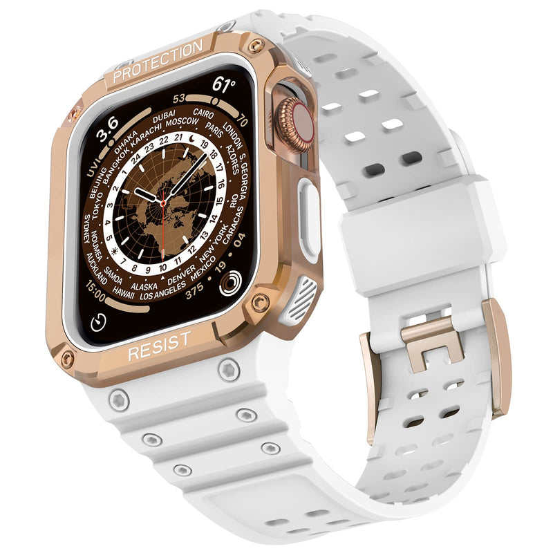 [Australia - AusPower] - Hisri Watch Band with Rugged PC Bumper Military Drop-Proof Protective Case Compatible with Apple Watch 45mm 44mm 42mm 41mm 40mm 38mm, Sport Strap for iWatch Series 7/6/SE/5/4/3/2/1 White Rose Gold 41mm/40mm/38mm 