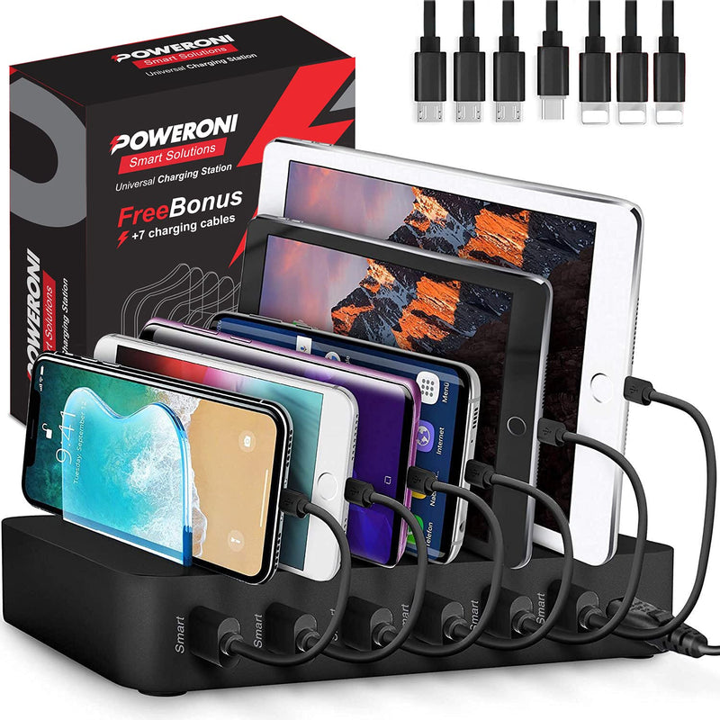 [Australia - AusPower] - Poweroni USB Charging Station for Multiple Devices Apple Android Compatible - Charging Station Organizer with 7 Cables, Fast Charge Multi Device Phone Charger Station Charging Dock (Black 6-Port) 