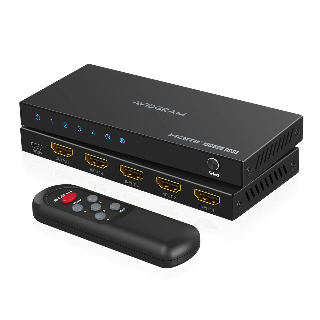 [Australia - AusPower] - HDMI Switch 4K 60Hz, AVIDGRAM HDMI 2.0 Switcher 4 in 1 Out, 4 Port HDMI Selector Box with IR Remote Control Support HDCP 2.2 HDR10 3D 18Gbps for Xbox PS4 Roku HDTV Monitor 