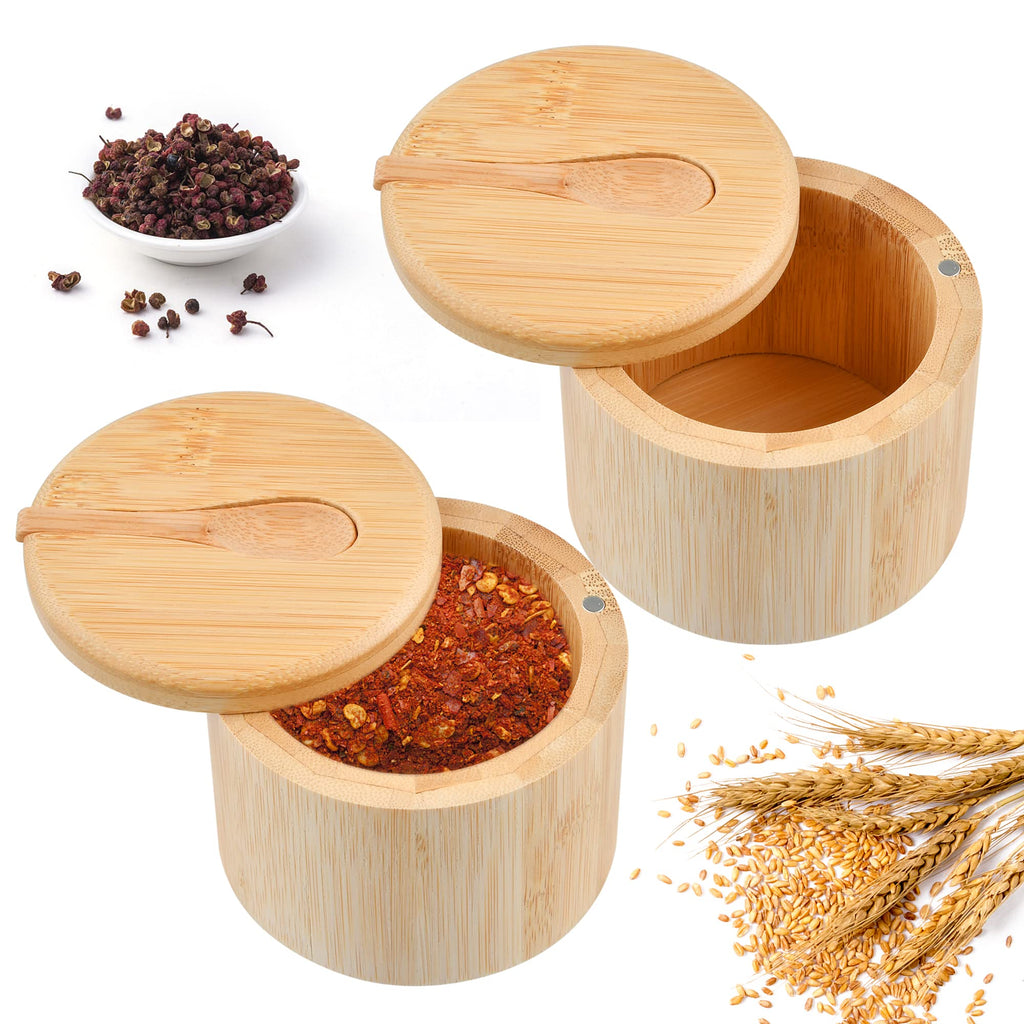 [Australia - AusPower] - Aemygo Bamboo Salt Box with Mini Spoon Salt Cellar Bamboo Storage Box Magnetic Lid for Kitchen Hotels Restaurants Pepper Spice Storage Containers 