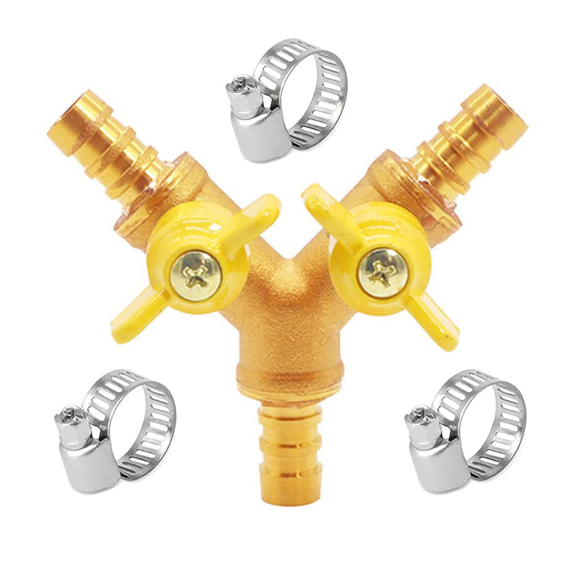 [Australia - AusPower] - Uenede Solid Brass 3-way Y-shaped Shut-off Ball Valve with 2-switch 1/4" Hose Barb Include 3 Stainless Steel Clamps Hose Pipe Barb Fitting for Water/Oil/Gas 0.25 Inch 