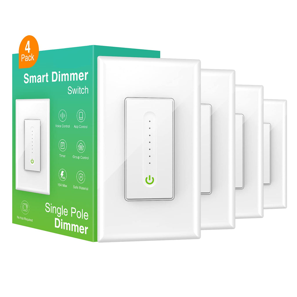 [Australia - AusPower] - Smart Dimmer Switch, Single Pole, Neutral Wire Required, 2.4GHz Light Switch WiFi Compatible with Alexa, Google Home, Remote Control, UL Certified,No Hub Required,White, 4Pack 