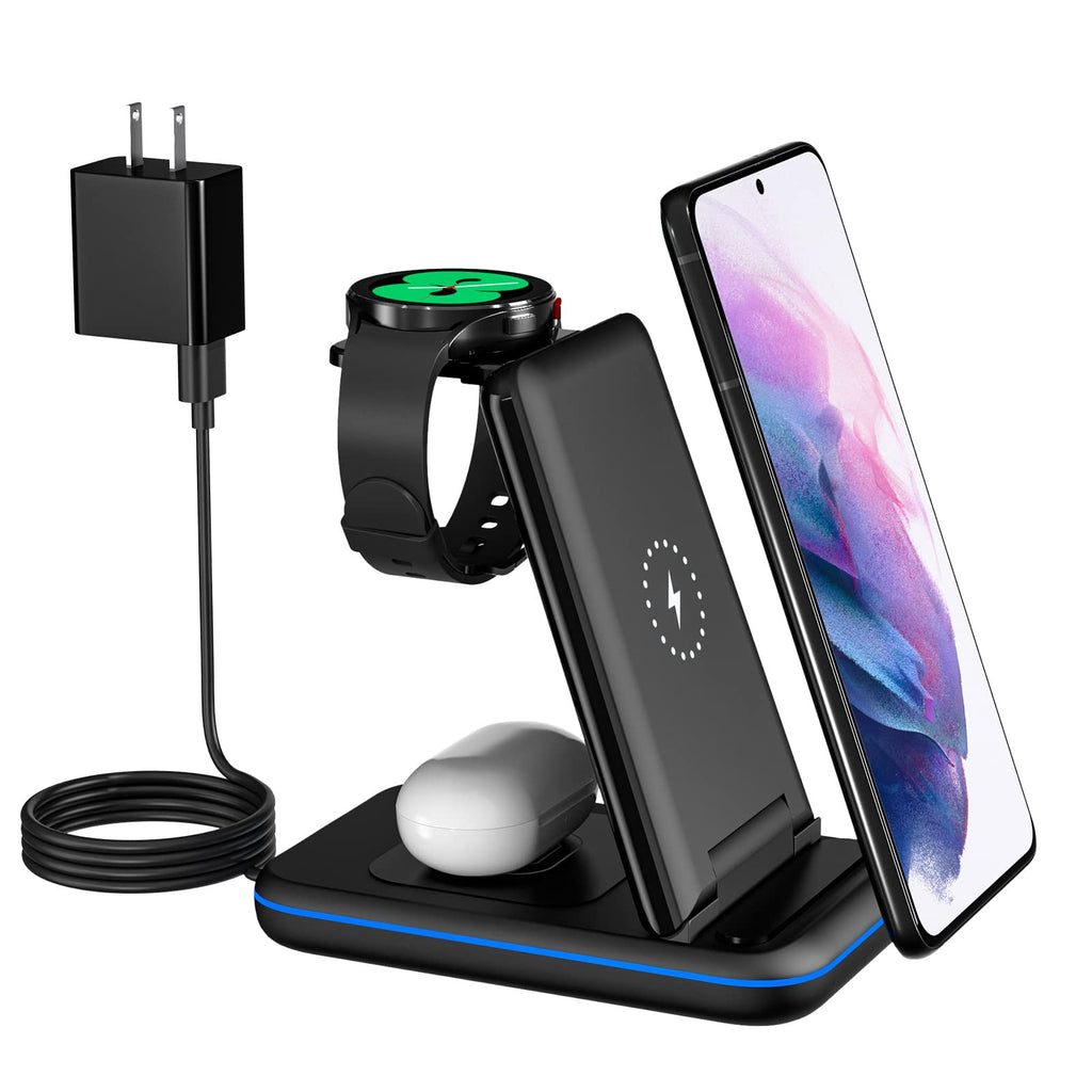 [Australia - AusPower] - Wireless Charging Station for Samsung, 3 in 1 Qi-Certified Foldable Charger/Stand for Samsung Galaxy S22/S21/S20/Note20/10, Galaxy Watch4/Classic/3/1/Active 2/1, Buds+/Live with Adapter (Black) Black 