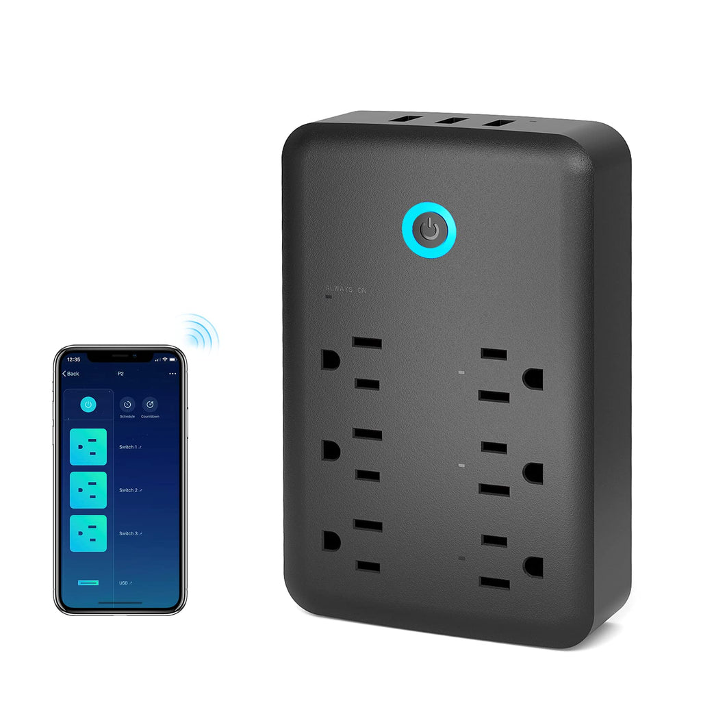 [Australia - AusPower] - Smart Plug Power Strip, Outlet Extender Surge Protector Work with Alexa, Google Home, Wall Multi WiFi Outlet with 3 USB Ports, 6 Outlet Wall Adapter Plug Extender for APP Control,15A/1800W Black 