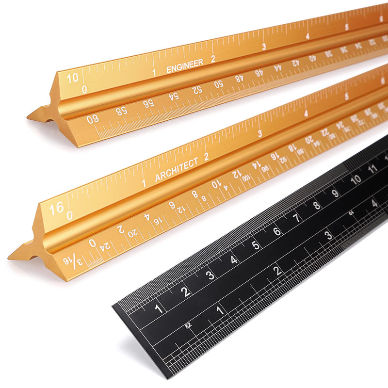 [Australia - AusPower] - OwnMy 3 Pack 12 Inch Solid Aluminum Triangular Architect Scale Ruler Set, Architectural and Engineer Scale Ruler Set, Professional Etched Scales Drafting Rulers for Blueprints Civil Engineer, Gold 