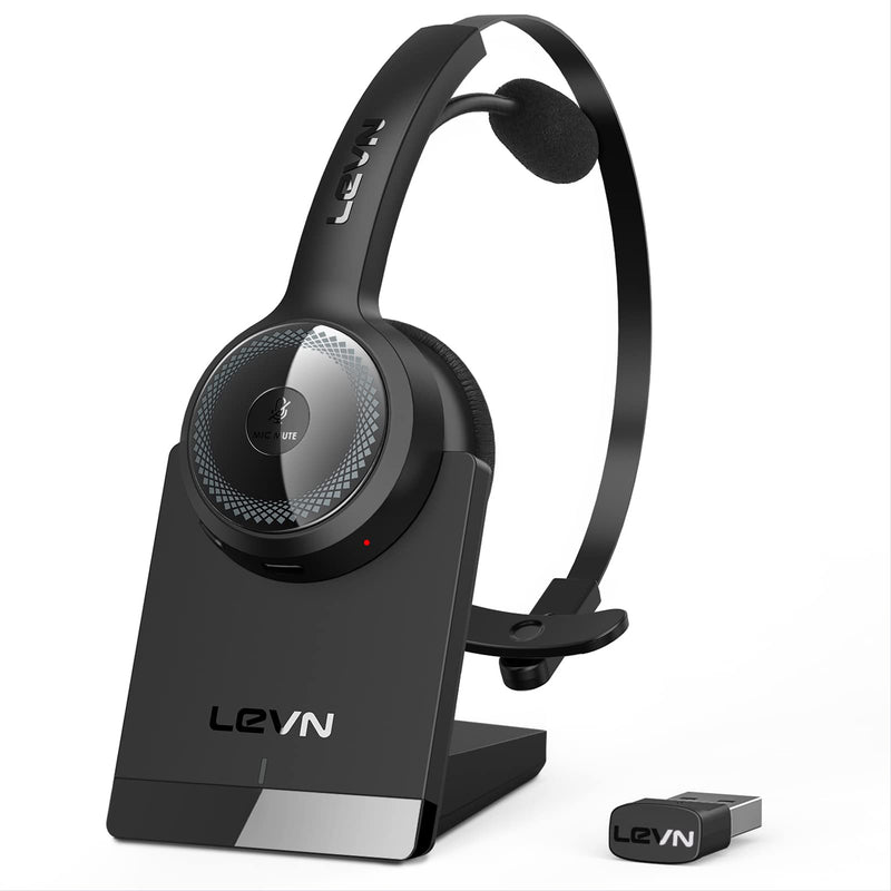[Australia - AusPower] - Bluetooth Headset, LEVN Wireless Headset with Microphone (AI Noise Cancelling), 35Hrs Bluetooth 5.0 Headphones with USB for PC, Suitable for Remote Work/Call Center/Skype/Zoom/Online Class/Trucker LE-HS010 Superior 