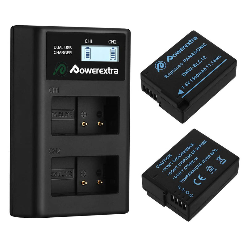 [Australia - AusPower] - Powerextra 2 Pack Replacement Panasonic DMW-BLC12 Battery and Smart Dual USB Charger with LCD Display for Panasonic Lumix DMC-FZ200, DMC-FZ1000, DMC-G5, DMC-G6, DMC-G7, DMC-GX8, DMC-G85, DMC-GH2 