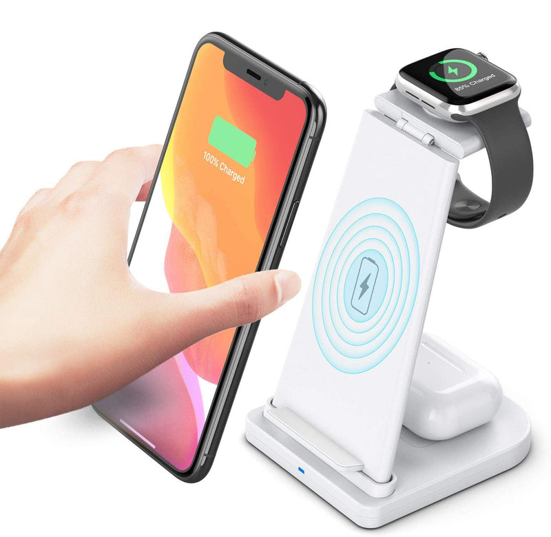 [Australia - AusPower] - QUMOX Wireless Charger, 3 in 1 Wireless Charging Station for iPhone 11/11pro/11pro max/Xs Max Apple Watch 5/4/3/2 AirPods 2/Pro,Wireless Charging Stand for Samsung S20 White 