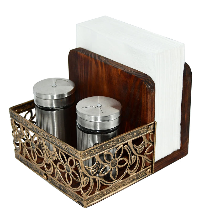 [Australia - AusPower] - Owlgift Two-in-one Rustic Brown Wood Condiment Tabletop Serving Caddy with Napkin Holder, Metal & Wooden Napkin Holder, Freestanding Salt & Pepper Napkin Holder, Malfunction Salt Pepper Storage Holder Brown & Bronze 