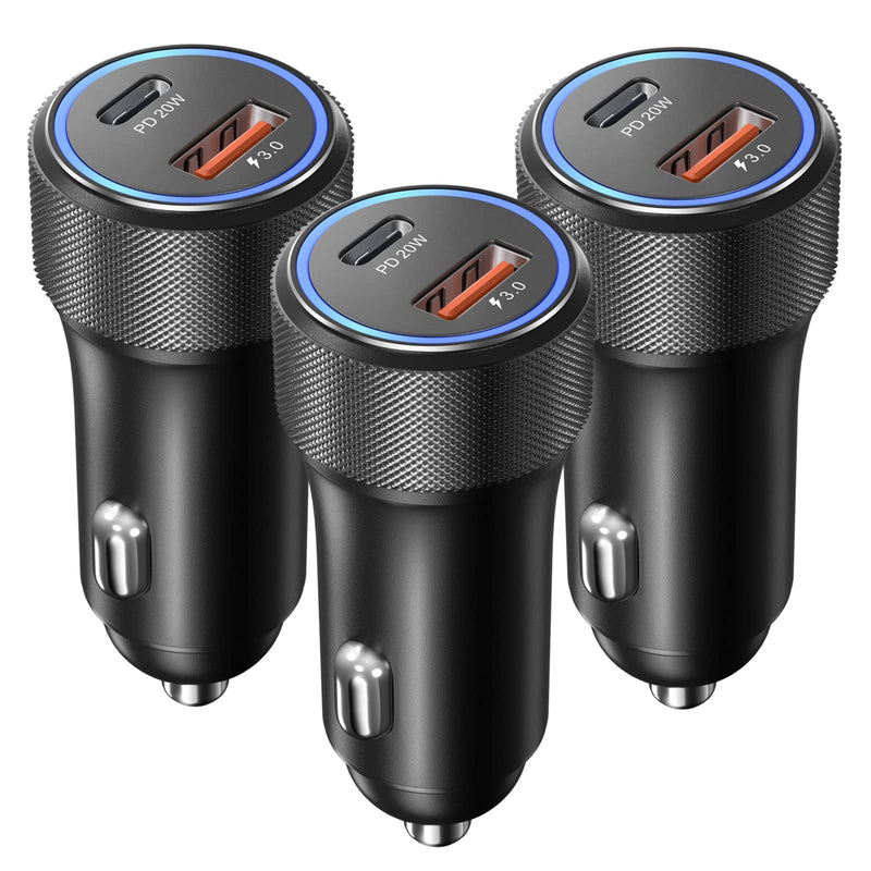 [Australia - AusPower] - 36W USB C Car Charger, OKRAY 3 Pack Fast Charging Car Charger Adapter, PD20W+QC3.0 Dual Port Cigarette Lighter USB Charger with LED Compatible iPhone 13/12/11/ iPad, Galaxy S22/S21, Note20/10 - Black 