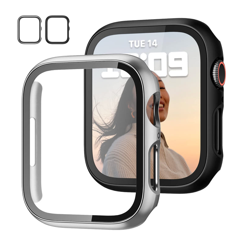 [Australia - AusPower] - 2 Pack Case with Tempered Glass Screen Protector for Apple Watch Series 7 45mm,JZK Slim Guard Bumper Full Coverage Hard PC Protective Cover HD Ultra-Thin Cover for iWatch 45mm Accessories,Black+Silver Black/Silver 