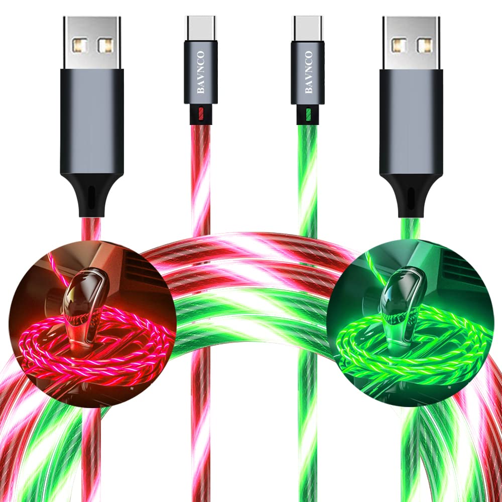 [Australia - AusPower] - 2Pack USB C Cable, BAVNCO 3ft LED Light Up Flowing USB A to Type C Charger Cable 3A Fast Charging Cord for Samsung Galaxy S21 S20 S10 S9 S8 Plus Note 20 10 9 8, LG, PS5, More Android (Red&Green) Red&Green 