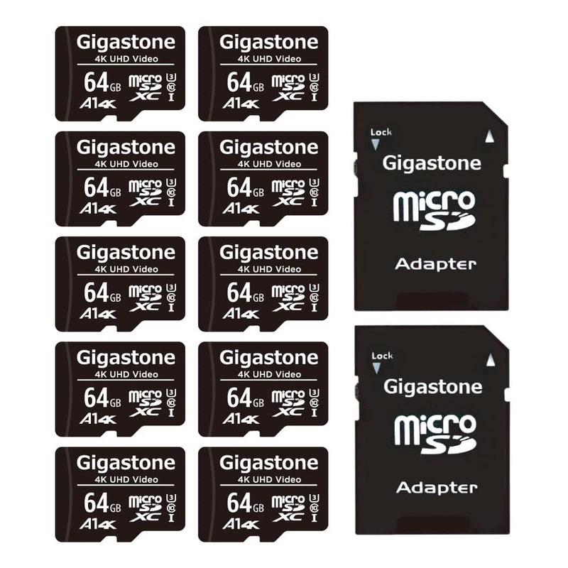 [Australia - AusPower] - Gigastone 64GB 10-Pack Micro SD Card, 4K UHD Video, Surveillance Security Cam Action Camera Drone Professional, 90MB/s Micro SDXC UHS-I A1 Class 10 4K UHD Video 64GB 64GB 4K UHD Video 10-Pack 