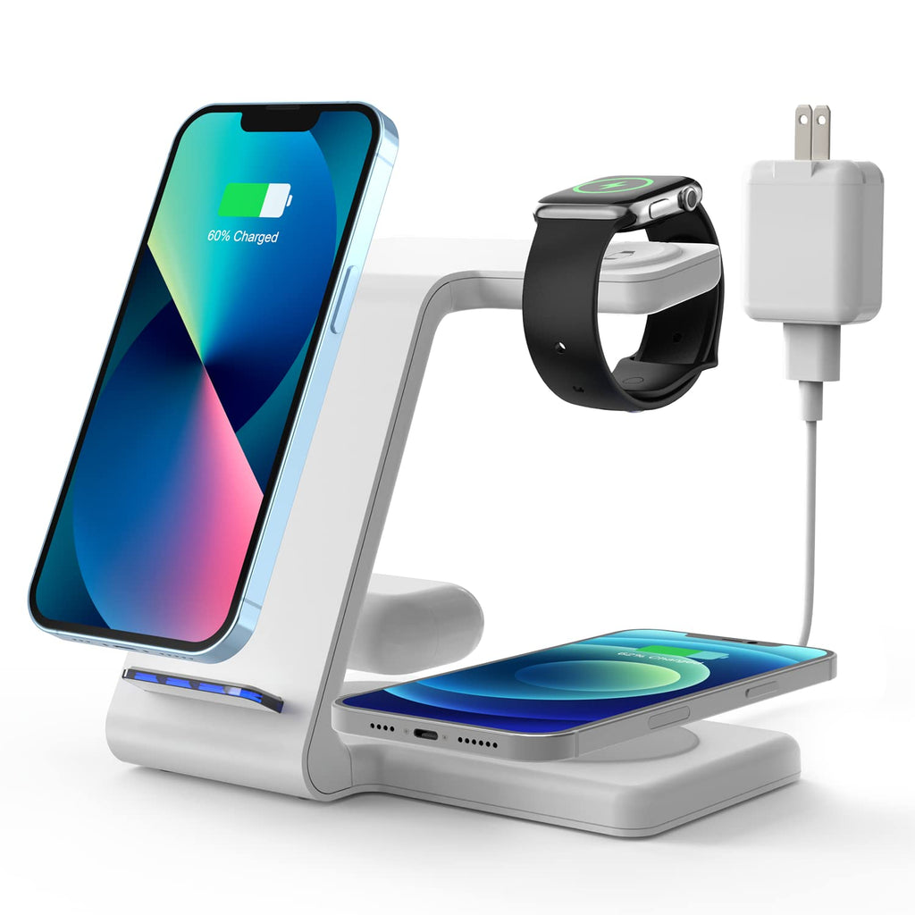 [Australia - AusPower] - Wireless Charging Station for Apple Devices, 4 in 1 Charger Stand for iPhone 13/12/11/X/8/SE Series, iWatch 7/6/SE/5/4/3/2, AirPods 3/Pro/2 White 